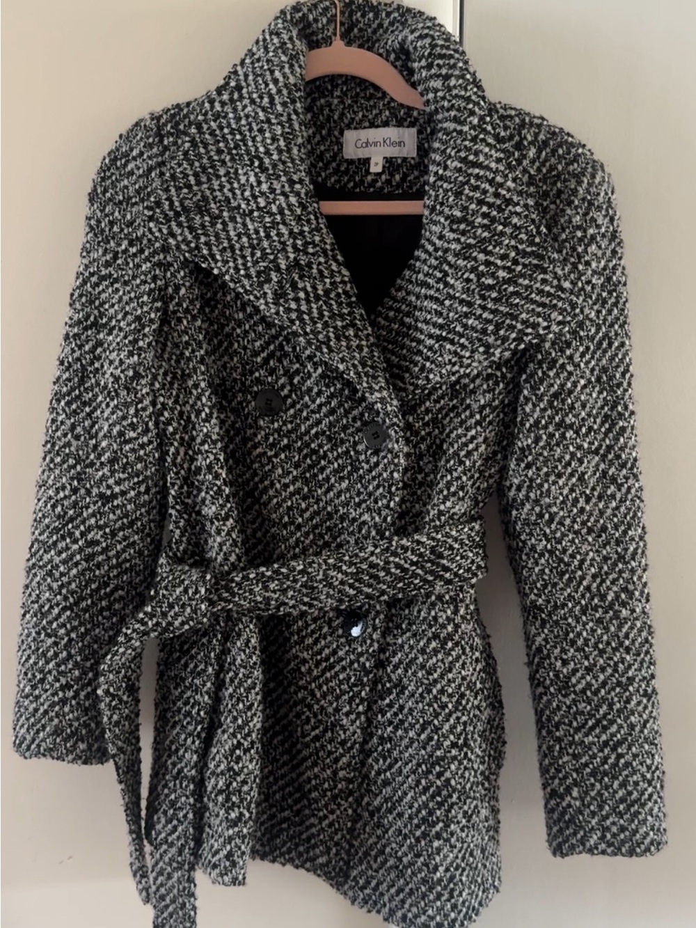 Calvin Klein Black and White Tweed Belted Pea Coat